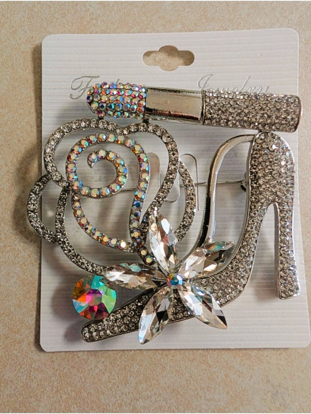 Elegant Crystal Lipstick & High Heel Shoe Brooch Rhinestone Pin for Women Glam